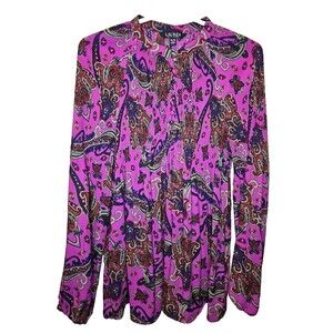 Lauren Ralph Lauren Womens XL Georgette Fuschia Paisley Pleated Blouson Sleeve